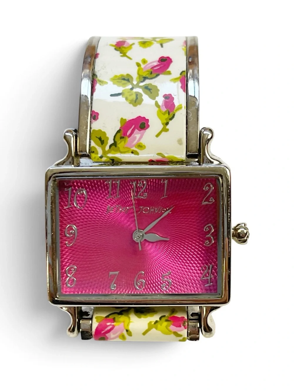 Y2K Betsey Johnson rosebud floral watch with a square hot-pink textured dial